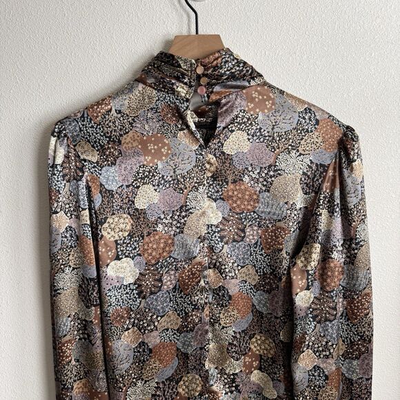 Vtg Unbranded Silky Floral Top Womens 12 Earthy Tones Floral Fairy Grunge Whimsy - Picture 9 of 14